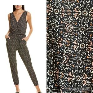 Max Studio black crepe floral sleeveless surplice jogger jumpsuit size xs